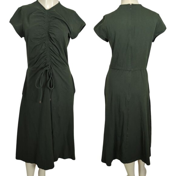 eShakti cap sleeve Ruched drawstring Cotton Jersey‎ dark olive green dress 14 - Picture 1 of 16